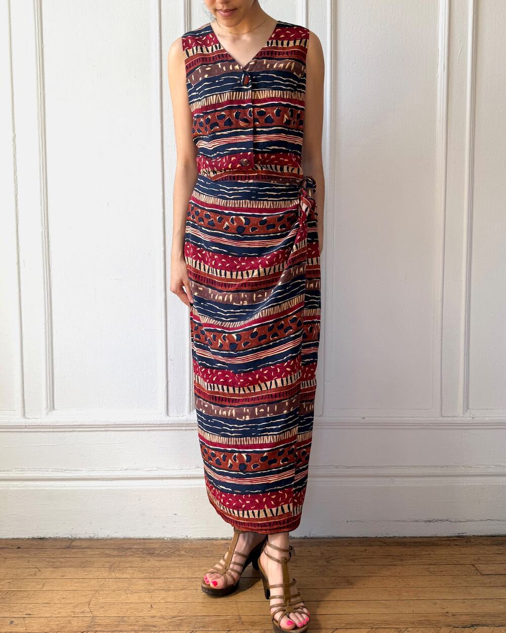 90s Abstract Tribal Print Silk Sarong Dress Maximalist Midi-Length size 8 Stripe